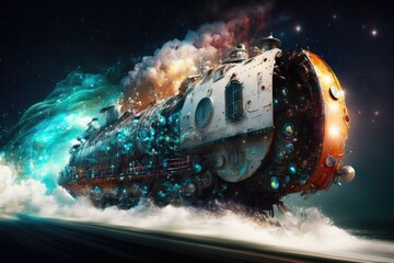 Wall Mural - A spaceship shrouded in smoke in the universe