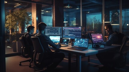 A scene showcasing a team of software developers coding, collaborating, and testing applications in a modern development environment