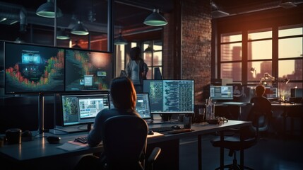 A scene showcasing a team of software developers coding, collaborating, and testing applications in a modern development environment