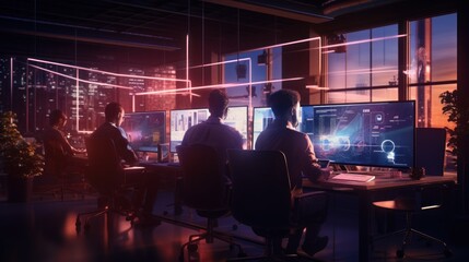 A scene showcasing a team of software developers coding, collaborating, and testing applications in a modern development environment
