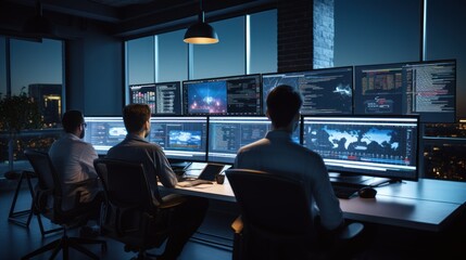 A scene showcasing a team of software developers coding, collaborating, and testing applications in a modern development environment