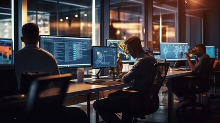 A scene showcasing a team of software developers coding, collaborating, and testing applications in a modern development environment