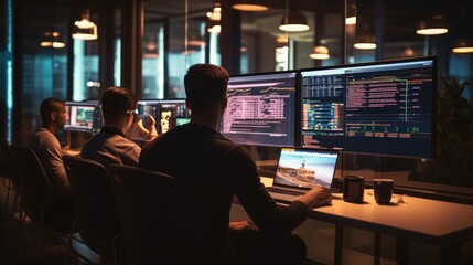 A scene showcasing a team of software developers coding, collaborating, and testing applications in a modern development environment