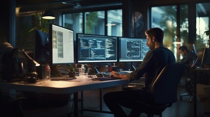 A scene showcasing a team of software developers coding, collaborating, and testing applications in a modern development environment