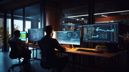 A scene showcasing a team of software developers coding, collaborating, and testing applications in a modern development environment