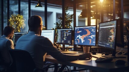 A scene showcasing a team of software developers coding, collaborating, and testing applications in a modern development environment