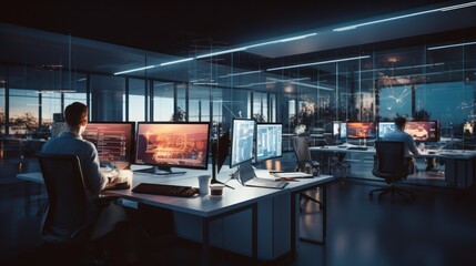 A scene showcasing a team of software developers coding, collaborating, and testing applications in a modern development environment