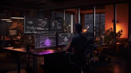 A scene showcasing a team of software developers coding, collaborating, and testing applications in a modern development environment