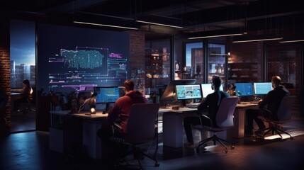 A scene showcasing a team of software developers coding, collaborating, and testing applications in a modern development environment