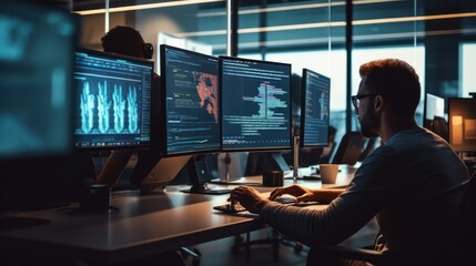 A scene showcasing a team of software developers coding, collaborating, and testing applications in a modern development environment
