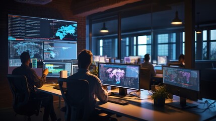 A scene showcasing a team of software developers coding, collaborating, and testing applications in a modern development environment