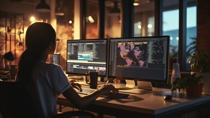 A scene showcasing a team of software developers coding, collaborating, and testing applications in a modern development environment
