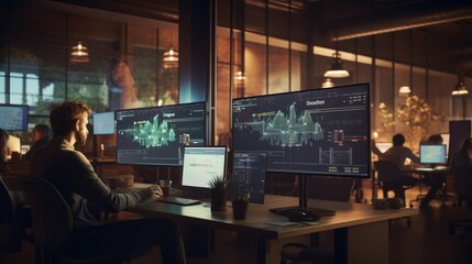 A scene showcasing a team of software developers coding, collaborating, and testing applications in a modern development environment