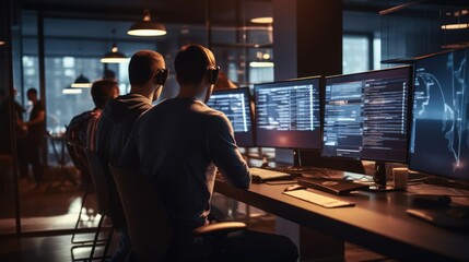 A scene showcasing a team of software developers coding, collaborating, and testing applications in a modern development environment
