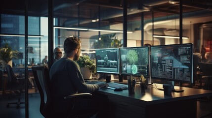 A scene showcasing a team of software developers coding, collaborating, and testing applications in a modern development environment
