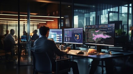 A scene showcasing a team of software developers coding, collaborating, and testing applications in a modern development environment