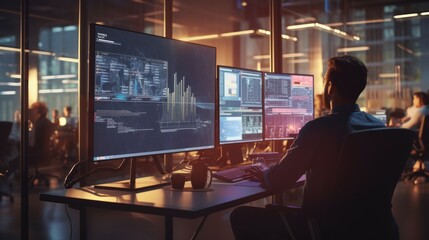 A scene showcasing a team of software developers coding, collaborating, and testing applications in a modern development environment