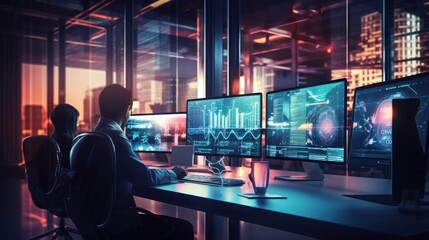 A scene showcasing a team of software developers coding, collaborating, and testing applications in a modern development environment