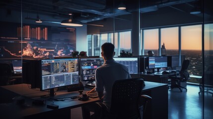 A scene showcasing a team of software developers coding, collaborating, and testing applications in a modern development environment