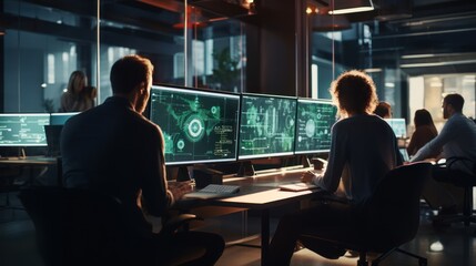 A scene showcasing a team of software developers coding, collaborating, and testing applications in a modern development environment