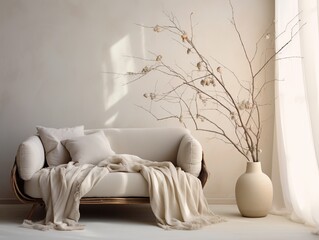 Canvas Print - Modern & Luxury Interior Design of a Light Color Living Room. Sofa with Pillows and a Wooden Shrub.