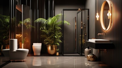 Wall Mural - Contemporary bathroom with black and gold accents, generative ai