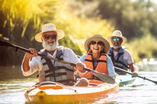 An Elderly Man With Friends, Families, Kayaking On The Water, Generated By Ai