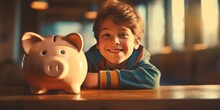 Close Up Of Little Boy Saving Coin Into Piggy Bank At Home. Kid Saving Money By Adding Coin In Pig Shaped Bank. Money Savings Concept, Generative Ai
