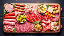 Meat Plate . Assortment Of Natural Delicious Deli Meats With Vegetables And Olives On Wooden Board On Wooden Background. Healthy Food. Snacks For Wine. Flat Lay, Closeup