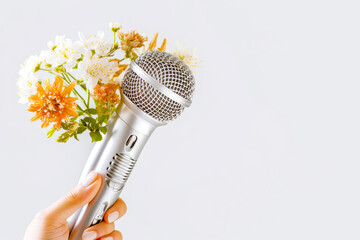 Music composition with female hand holding microphone with flowers on light background. Beautiful romantic floral background suitable for music event, party or concert. Copy space