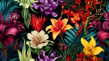 Seamless Pattern Red And Yellow Tropical Flowers