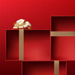 Abstract 3D Vector minimal scene for mockup product display. Minimal product background for Christmas and sale event concept. Red gift box with golden ribbon bow on red background. Vector EPS10