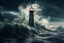 A Captivating Shot Of A Solitary Lighthouse Standing Tall Against Crashing Waves, A Guiding Beacon In A Sea Of Uncertainty.