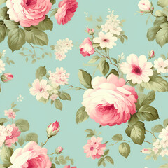 Poster - Seamless floral pattern with roses and hydrangeas.