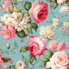 Poster - Seamless floral pattern with peony and chrysanthemum. 