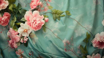Poster - pink and blue flowers on a turquoise fabric, background