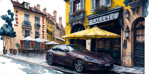 Wall Mural - Watercolor paint of car on the stereet. AI generated illustration