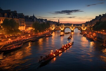Wall Mural - canoes in the Seine, in Paris at night, generative ai