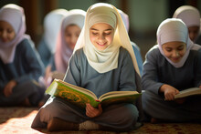 Young Girls Reading The Quran In Muslim School.. Generative AI. 