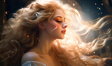 Fantasy Portrait Of Woman In White Dress. Luxury Art Portrait. Fairy Golden Hair