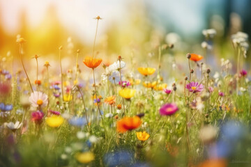 Wall Mural - Colorful flower meadow with sunbeams and blue sky and bokeh lights in summer - nature background banner with copy space - summer greeting card wildflowers spring concept