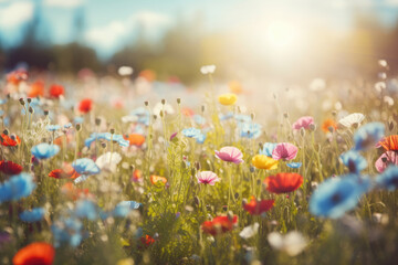 Wall Mural - Colorful flower meadow with sunbeams and blue sky and bokeh lights in summer - nature background banner with copy space - summer greeting card wildflowers spring concept