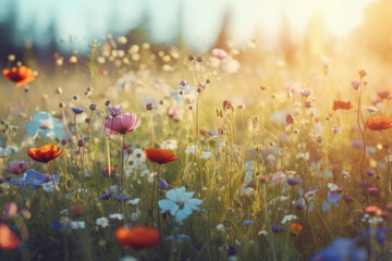 Wall Mural - Colorful flower meadow with sunbeams and blue sky and bokeh lights in summer - nature background banner with copy space - summer greeting card wildflowers spring concept