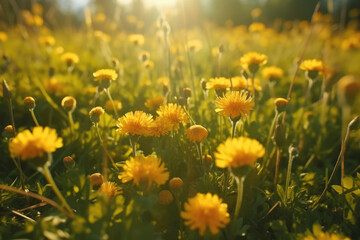 Wall Mural - Yellow spring flowers on green meadow background