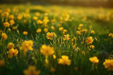 Wall Mural - Yellow spring flowers on green meadow background