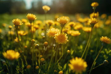 Wall Mural - Yellow spring flowers on green meadow background