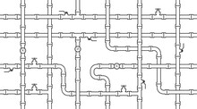 Industrial Seamless Pattern Of Interwoven Pipes For Water, Gas, Or Oil In Outline Style