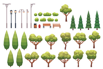 Light Posts , Trees and Outdoor Furniture for Construction of Landscapes in Low Poly Style