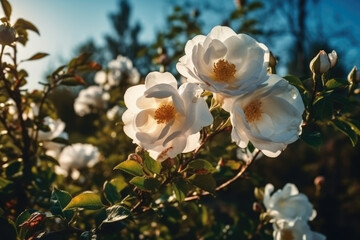 Wall Mural - White bush roses on a background of blue sky in the sunlight. Beautiful spring or summer floral background. 