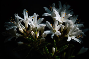 Wall Mural - Sunlit white Calytrix tetragona flowers on a dark background 